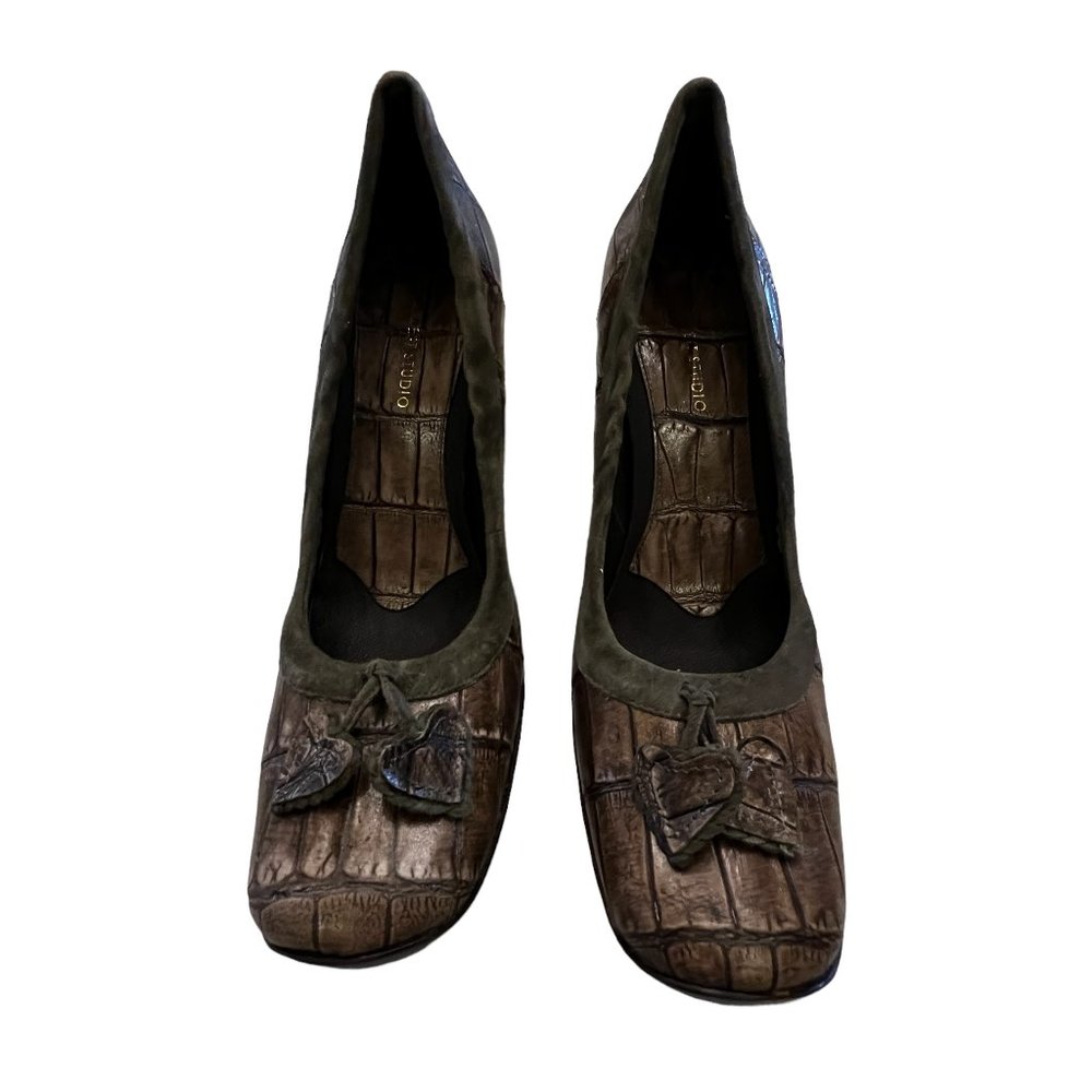 Unique! Nine West Studio Platform Brown Leather & Green Suede Heels Sz 7… - Picture 7 of 10